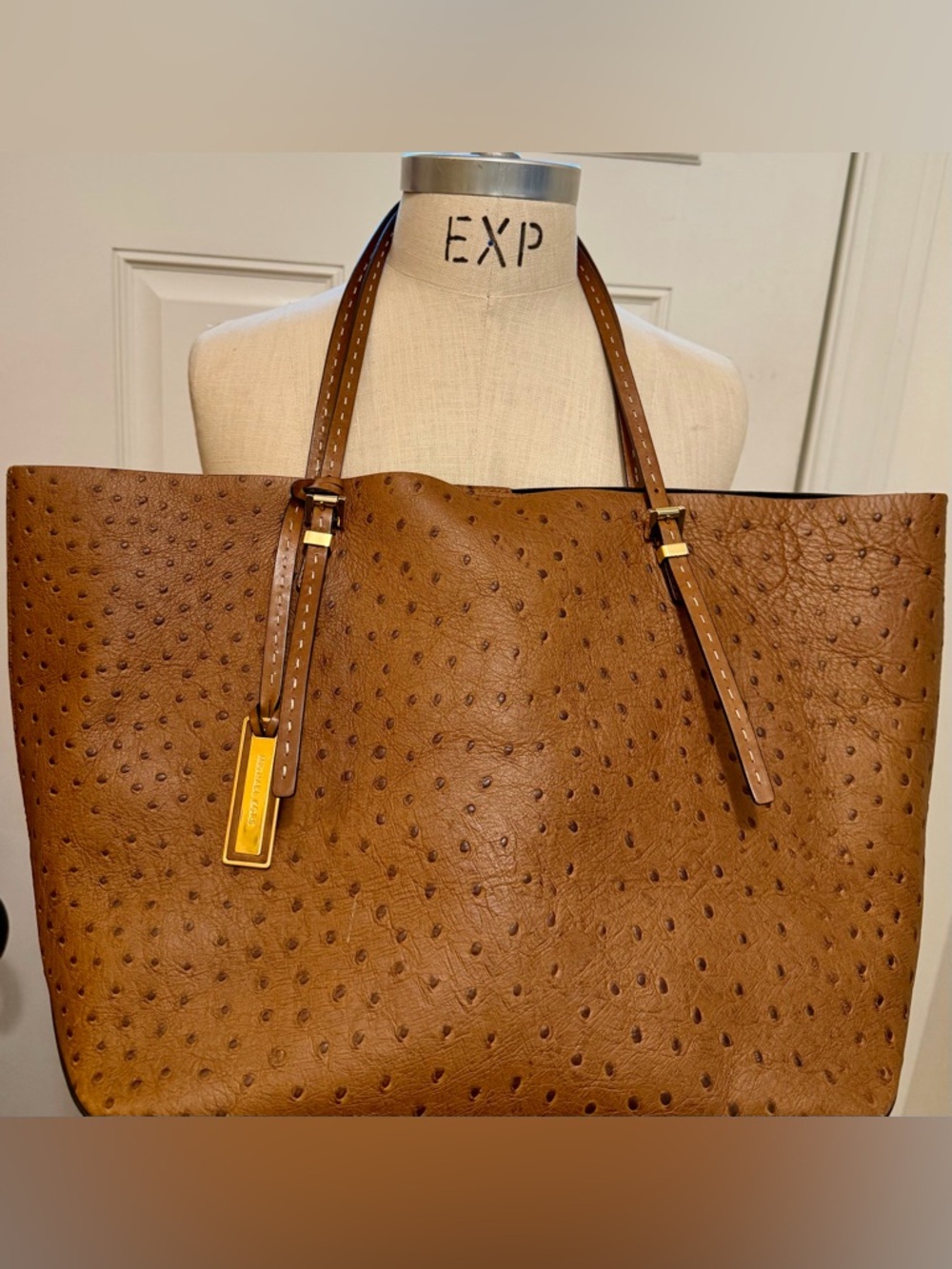 MICHAEL Michael Kors Tan Ostrich-Embossed Tote with Gold Tag